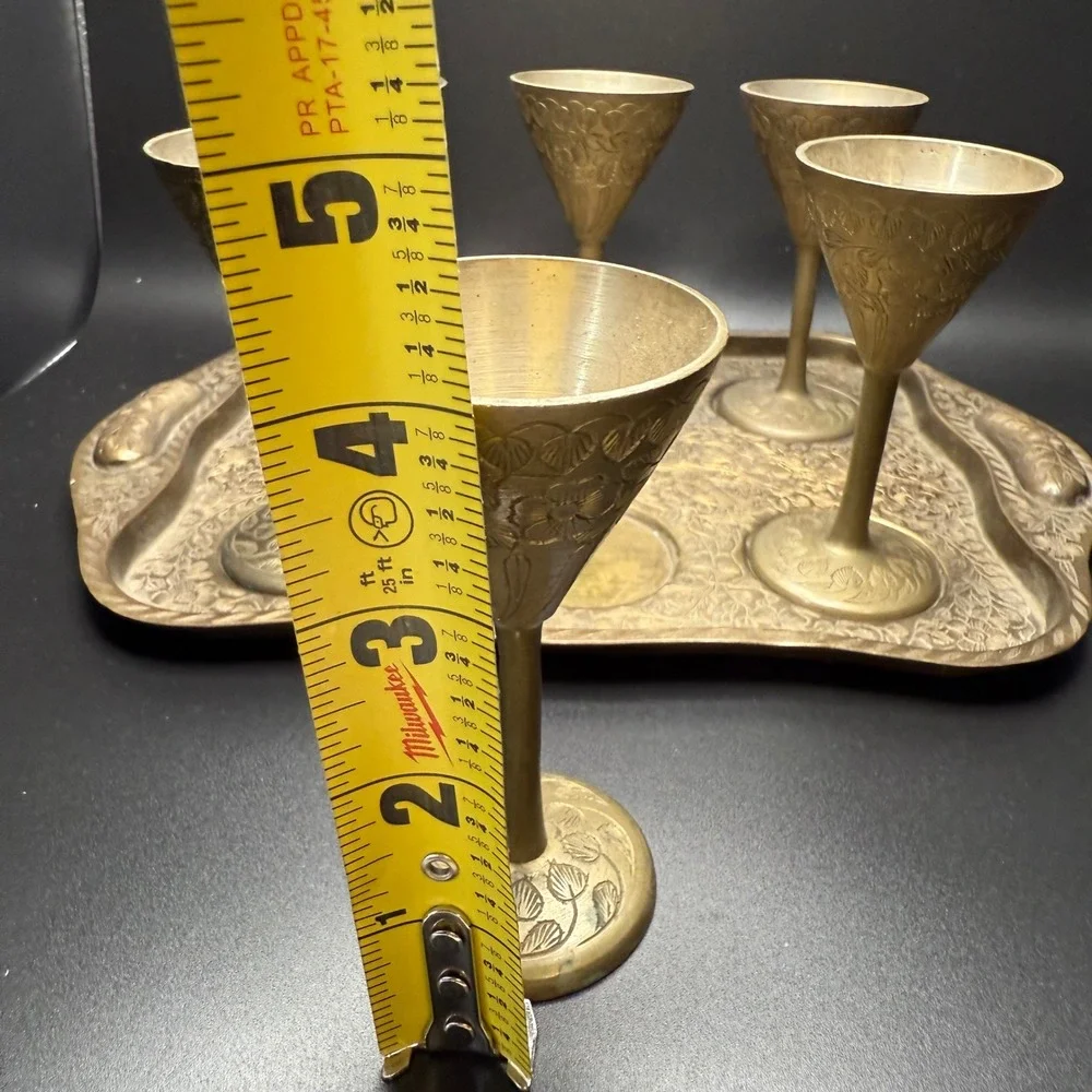 Vintage Brass Shot‎ Glasses Set with Etched Tray Made in India